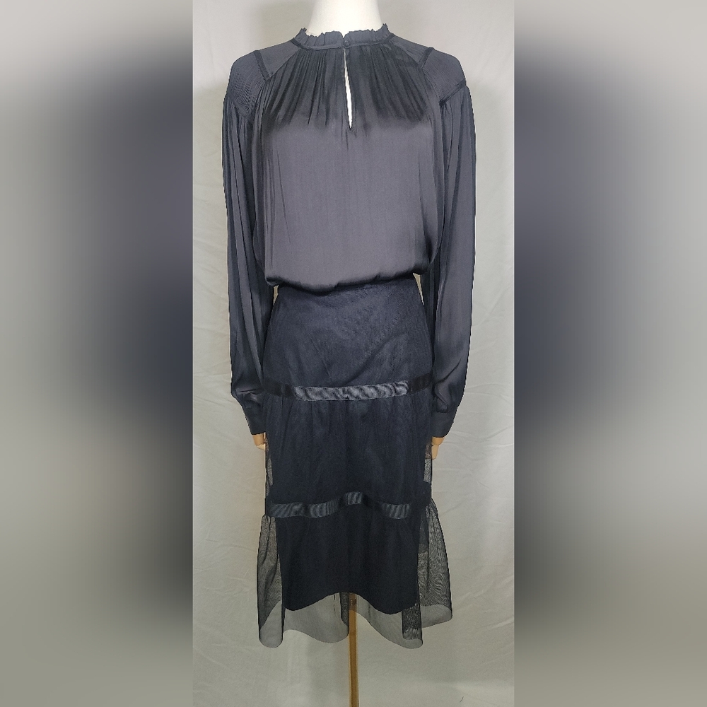 Rachel Roy Black Satin Keyhole Pleated Neck Blouse, Size Small
